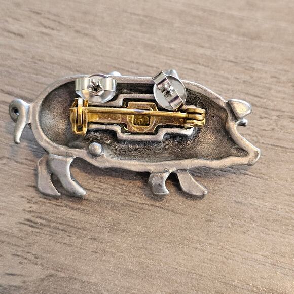 Vintage Pewter Pig Brooch with inset matching Piglet Earrings - Picture 3 of 6